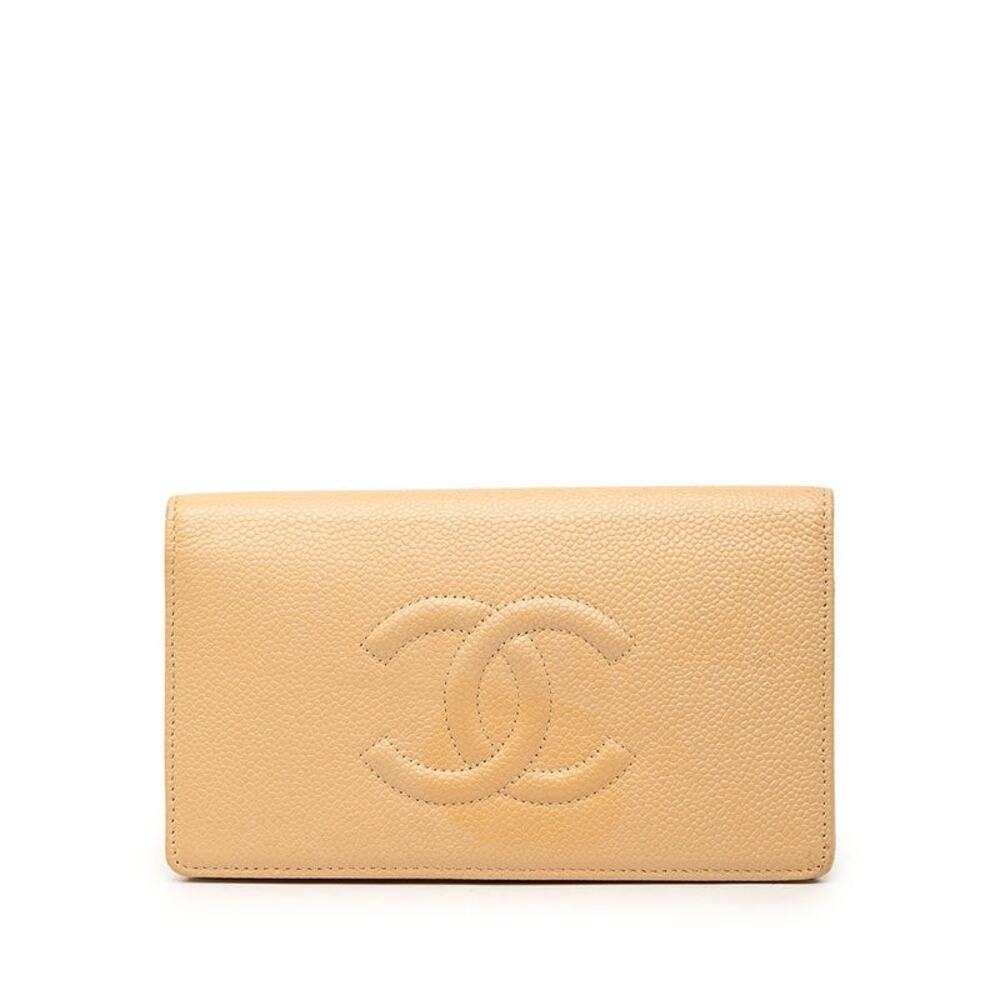 Chanel CC Logo Caviar Long Wallet Beige